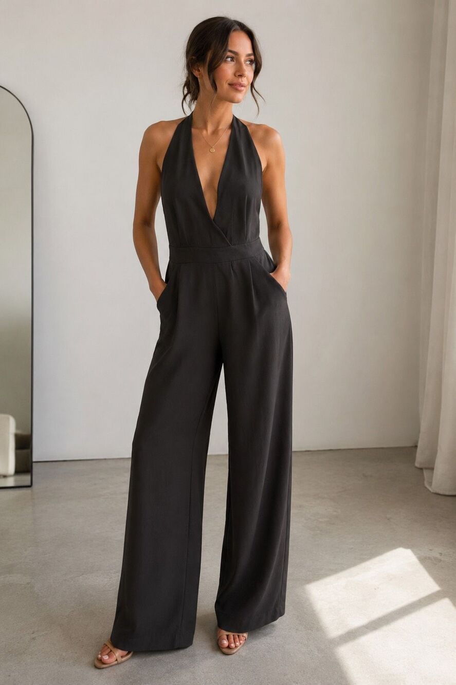 PrettyLittleThing Black Halter Neck Wide Leg Jumpsuit